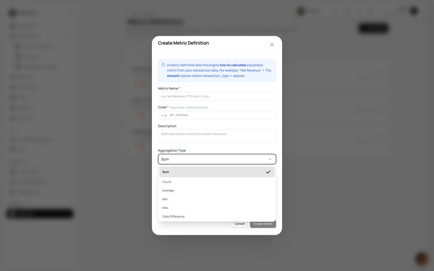 Perslace Metric Definition builder